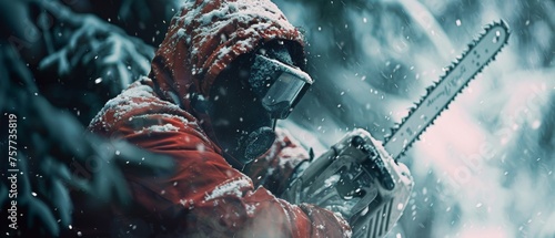 Dramatic close up of a masked man with a chainsaw in a cold snowy forest breath visible setting a chilling scene for a thriller movie poster