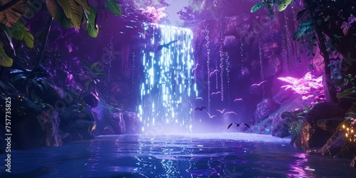 Deep in the neon rainforest a hidden waterfall glowing with neon lights exotic birds flying