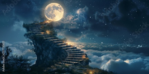 Endless staircases spiraling to the moon against a starry night sky a path of dreams photo