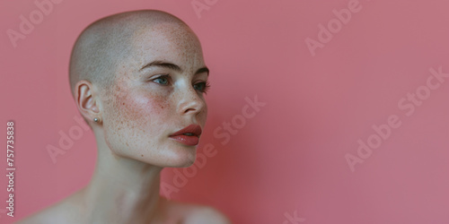 Elegant Bald Woman with Freckles on Pink Background. Panoramic image with copy space. Generative AI.
