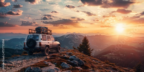 SUV with rooftop cargo on a mountain road at sunset.