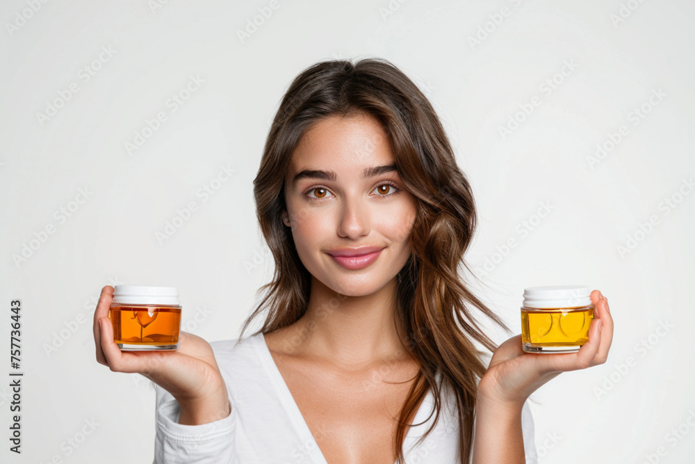 Elegant Woman Comparing Two Facial Skin care products Elegant Woman Comparing Two Facial Skin care products