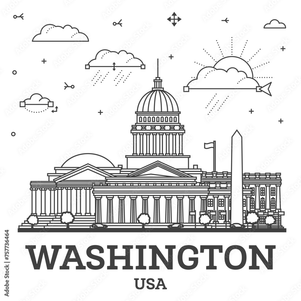 Outline Washington DC USA City Skyline with Modern Buildings Isolated on White. Illustration. Washington DC Cityscape with Landmarks.