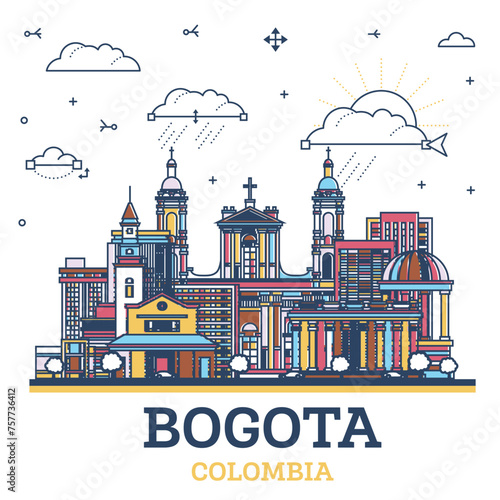 Outline Bogota Colombia City Skyline with colored Historic Buildings Isolated on White. Illustration. Bogota Cityscape with Landmarks.