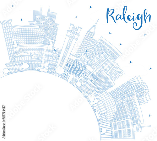 Outline Raleigh North Carolina City Skyline with Blue Buildings and Copy Space. Raleigh Cityscape with Landmarks. Business Travel and Tourism Concept with Modern Architecture.