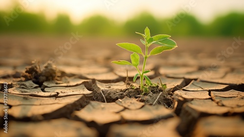 ground is dry and cracked, indicating drought problems. There is only one green sapling that stands out in the midst of the drought. photo