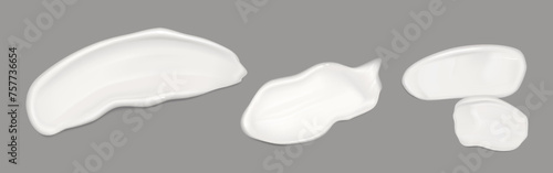 White cream or lotion swatch and drop on grey background. Realistic 3d vector illustration set of cosmetic and skincare liquid gel smear. Creamy makeup or cleanser milky product thick smudge.