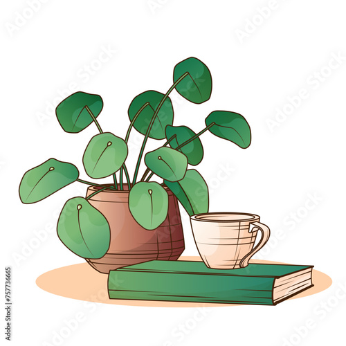 Isolated vector illustration of houseplant of Chinese money plant. Pilea plant in pot. Bookstore, bookshop, reading, home garden, potted plant, interior concept. 