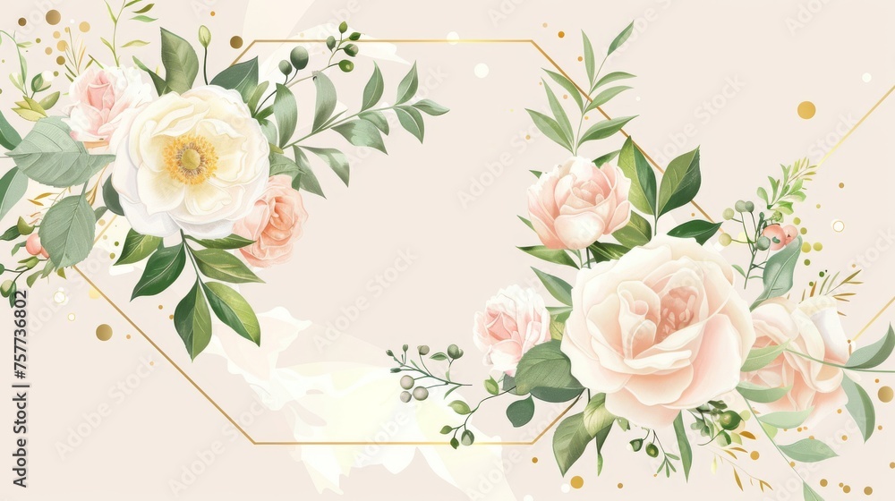 A floral wedding invitation with an elegant design: pink garden flowers, peach roses, wax anemone and eucalyptus tender greenery, berries and a golden geometric print frame with a copy area.
