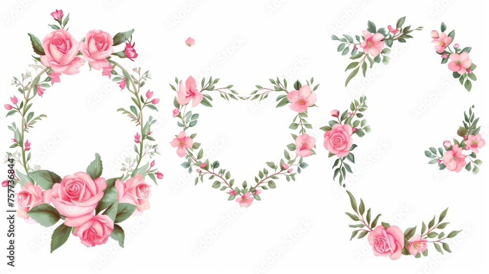 Floral branch, wreath, heart. Pink rose, leaves. A floral poster for a wedding invitation. Modern arrangements for greeting cards. Floral branch, wreath, heart. Pink rose, leaves. A floral poster for a wedding invitation. Modern arrangements for greeting cards.