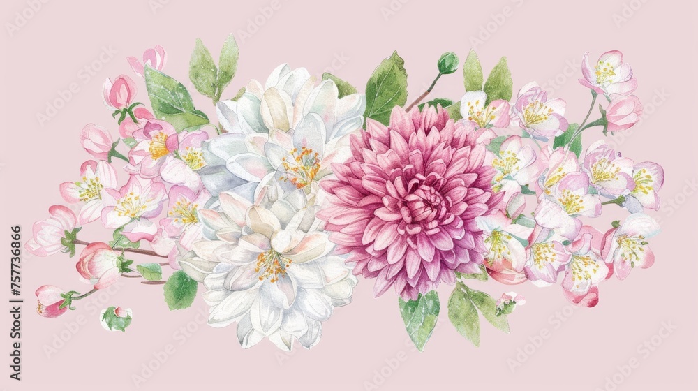 An 8 March flower greeting card with Chrysanthemums and Apple Blossoms. The modern design is styled in watercolor and has lettering.