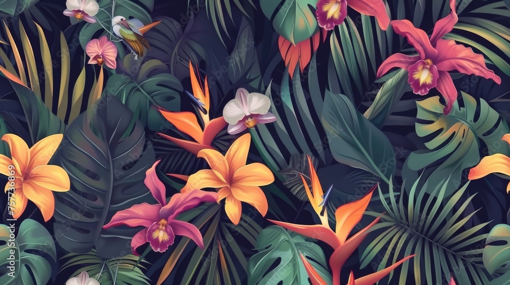 An organic Hawaiian wallpaper illustration with tropical flowers, palm leaves, jungle leaves, orchids, bird of paradise flowers. An exotic floral seamless modern pattern background. An organic Hawaiian wallpaper illustration with tropical flowers, palm leaves, jungle leaves, orchids, bird of paradise flowers. An exotic floral seamless modern pattern background.