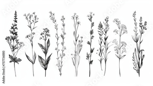 A modern set of ink drawings of wild plants  herbs  and flowers in monochrome  isolated floral elements.