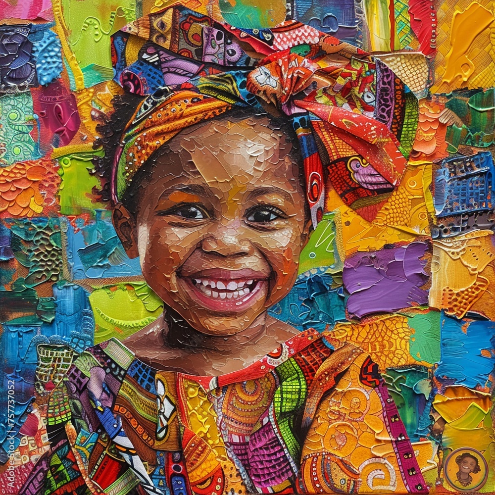 Textured painting of a joyful mixed-race child in vibrant African attire