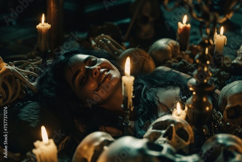 a girl is smiling , surrounded by bones and skulls, dark ambience