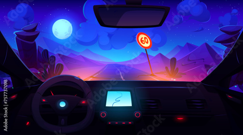 View from inside car through windshield on road in desert at night under full moon light. Cartoon vector driverless automobile interior with steering wheel, control dashboard with gps navigator.