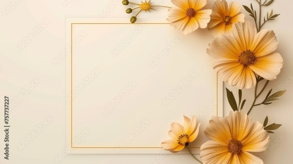 Invitation card design featuring yellow cosmos flowers