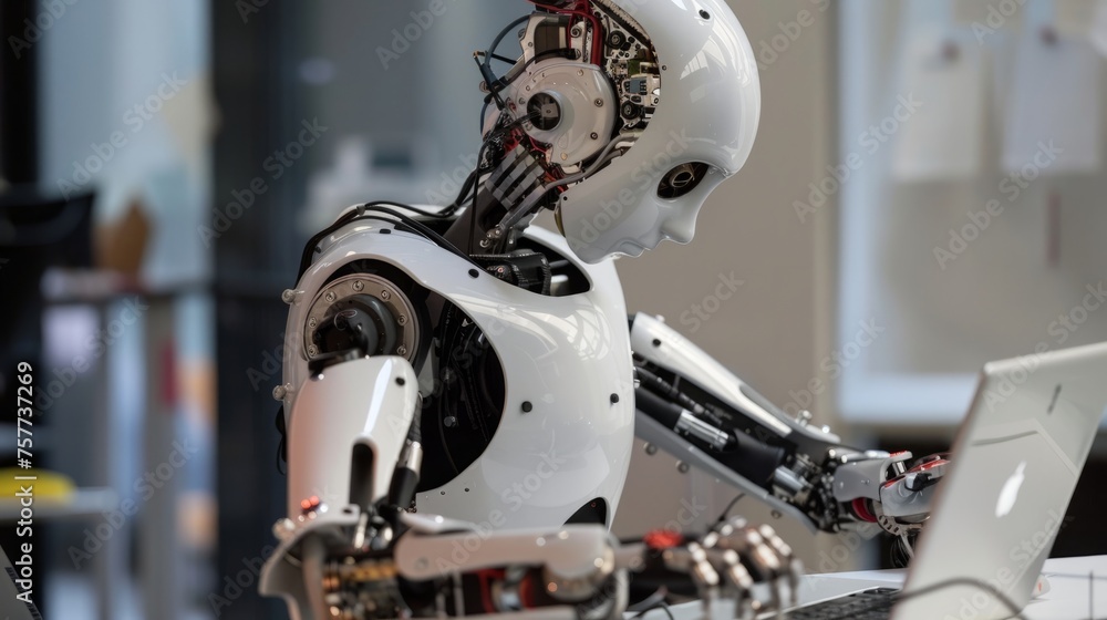 Fototapeta premium The AI robot sits at a desk, typing on a laptop on a white background. Focus on the interaction between humans and artificial intelligence technologies. Robots collaborate with human work teams