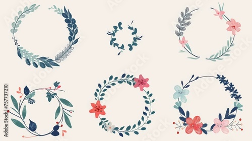 Decorative wreath frame set of cute doodle florals. Illustration of wreaths on a modern background.