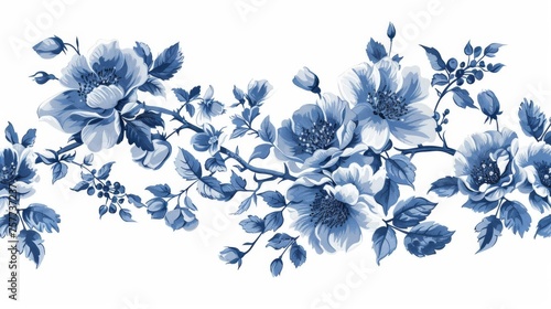 Vintage floral illustration on a blue and white greeting card. Bloom. Chinoiserie. Horizontal frame. Vintage floral illustration.