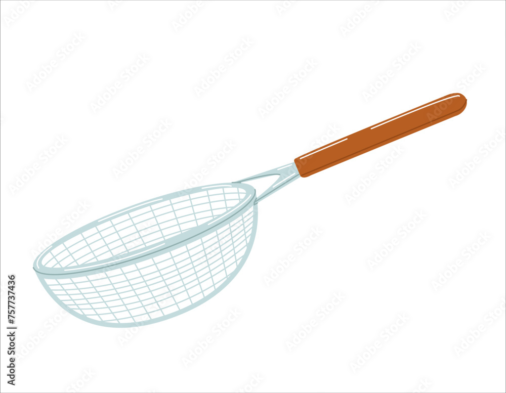 Sieve with wooden handle for straining flour isolated on white background. Kitchenware flat Sieve with wooden handle for straining flour isolated on white background. Kitchenware flat