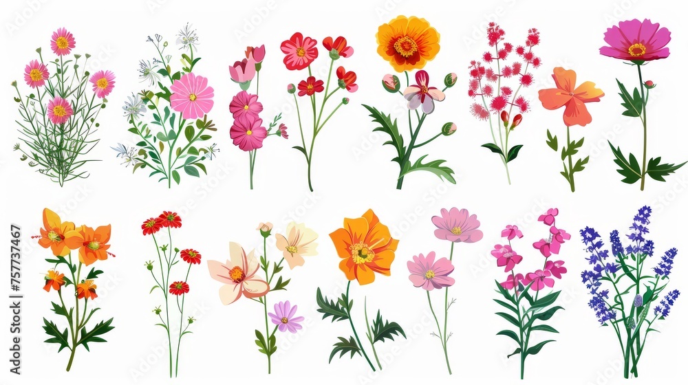 A collection of beautiful flowers, isolated on a white background, modern illustration