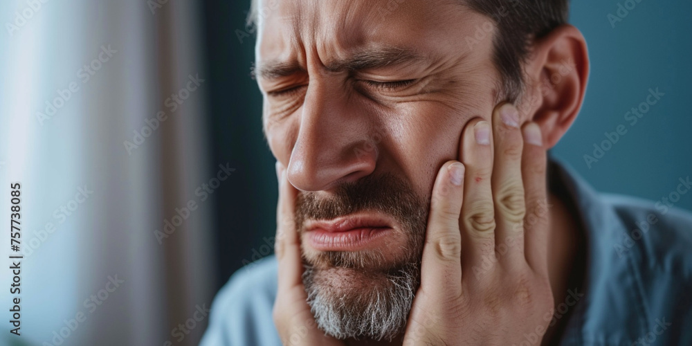 Obraz premium Male pressing sore cheek on studio background. Adult man suffers acute toothache, periodontal disease, cavities or jaw pain almost crying with pain ache 