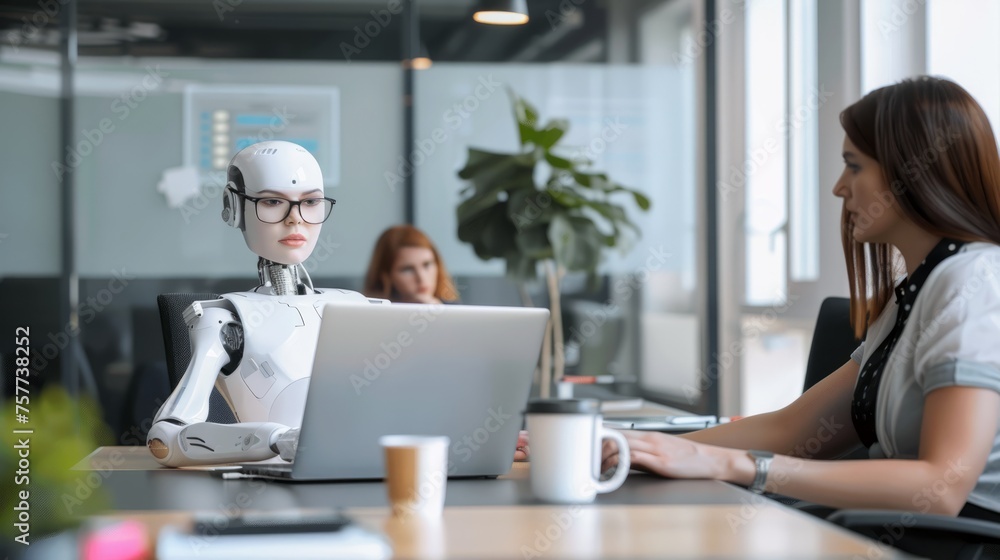 The AI robot sits at a desk, typing on a laptop on a white background. Focus on the interaction between humans and artificial intelligence technologies. Robots collaborate with human work teams The AI robot sits at a desk, typing on a laptop on a white background. Focus on the interaction between humans and artificial intelligence technologies. Robots collaborate with human work teams