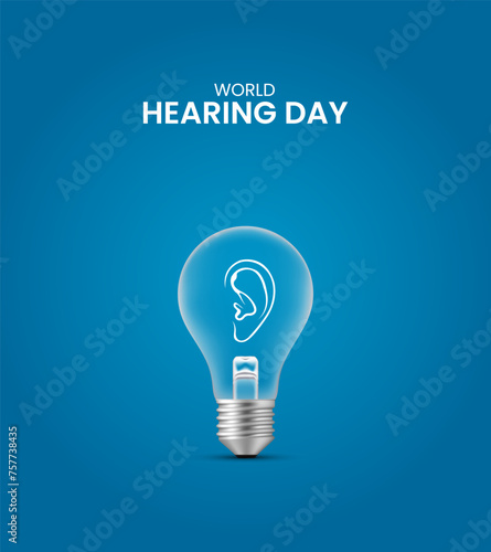 World Hearing day, bulb with ear, hearing day design for social media banner, poster 3D Illustration.