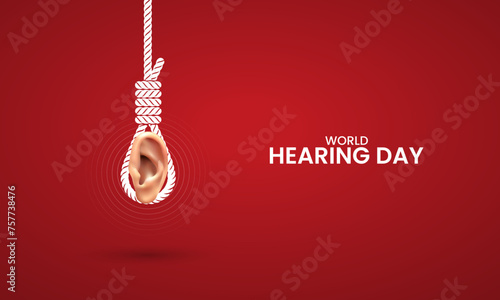 World Hearing day, Rope with ear, hearing day design for social media banner, poster 3D Illustration.