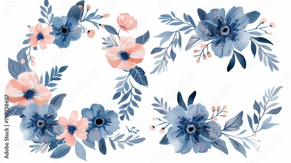 The modern flowers set is a beautiful wreath with isolated flowers and leaves in blue, pink and yellow. Suitable for invitations, weddings, and greeting cards.
