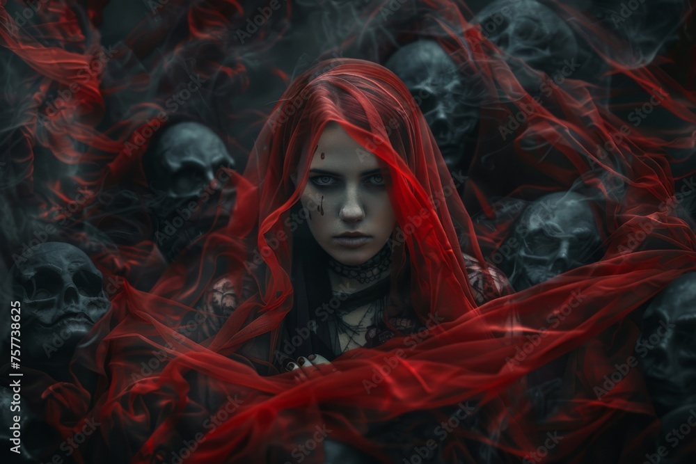 a woman with a red gothic veil surrounded by ghosts, dark tones

