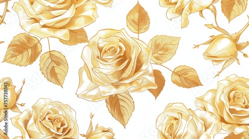 An illustration of gold rose flowers on a white background. Seamless pattern.