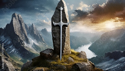spaceship flying above the clouds, Sword stuck in a rock like in the Excalibur legend , the mythical sword of king Arthur photo