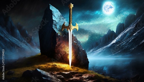 person in the night, Sword stuck in a rock like in the Excalibur legend , the mythical sword of king Arthur