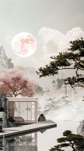 Korean traditional art style illustration of building, pine tree, pink moon, cherry blossom and the mountain. Good for phoe background. photo