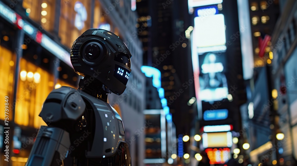 Robot in Times Square at night, New York City, USA
