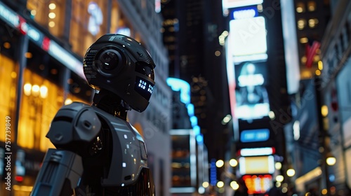 Robot in Times Square at night, New York City, USA