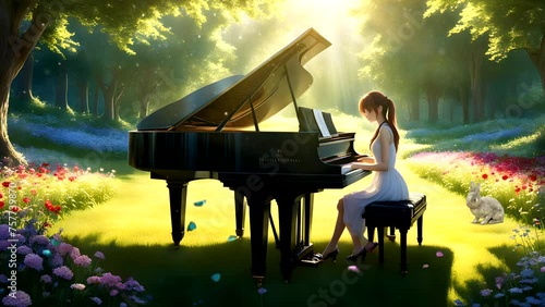 A female playing grand piano in the garden. Seamless looping timelapse 4k video animation background