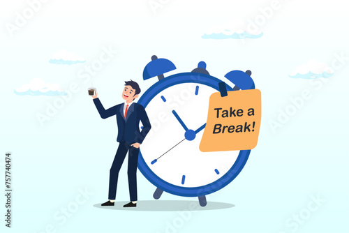 Relax businessman with a cup of coffee or tea with alarm clock, time to take a break, coffee break time to relax and refresh from long stress interval, free from bored, sleepy and fatigue (Vector)