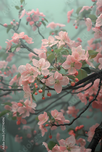 A pinkflowered tree with green leaves on a foggy day photo