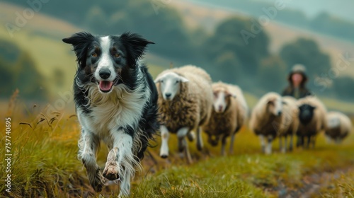 a cute border collie dog herding a flock of sheeps
