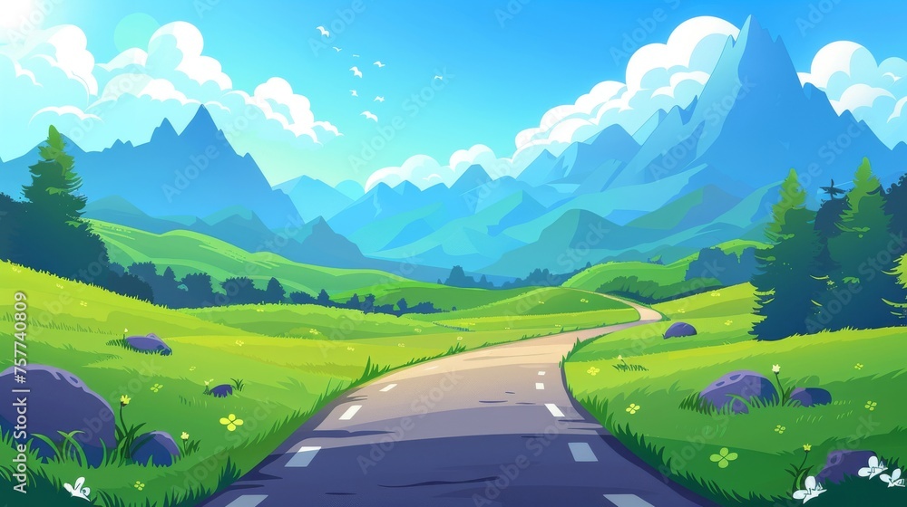 Fields and meadows, mountains, clouds and a blue sky. Summer cartoon modern scenery of the highway leading to rocky hills. Countryside landscape with a path.