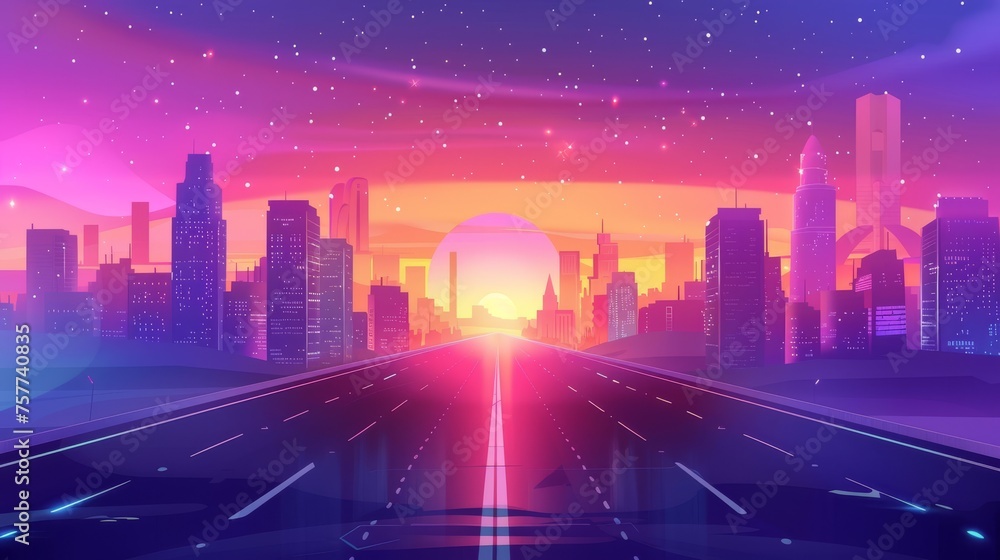 A modern city highway in the dawn light. Modern cartoon illustration of an urban road perspective, the sun rising in a pink and purple dawn sky with stars, buildings with offices and homes, a