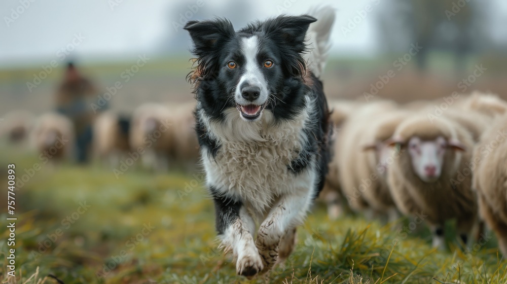 a cute border collie dog herding a flock of sheeps