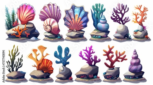 A collection of cartoon modern illustrations showing the evolution of underwater seashells on stones with coral and algae. Marine or aquarium horned clams. Sea shell and vessel game level rank UI