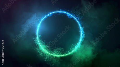 Luminose ring with gradient clouds of blue and green on a dark background. Realistic modern led light circle with glowing fog.