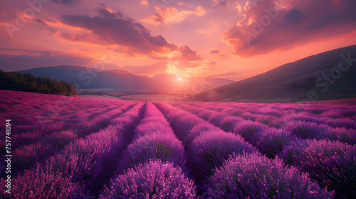 Sunset over a picturesque lavender field in the countryside  creating a serene and romantic atmosphere.