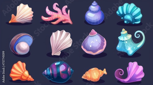 Cartoon modern illustration set of cute marine underwater seashells. Colorful nautical or aquarium spirals and scallop conches with pearls.