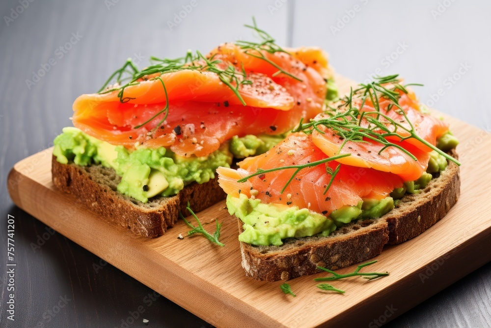 Scrambled eggs with smoked salmon, tomatoes and avocado on whole wheat bread